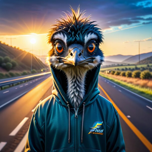 Image of a emu in a hoodie on the highway