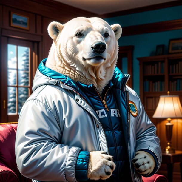 Illustration of a polar bear in a jacket in the house