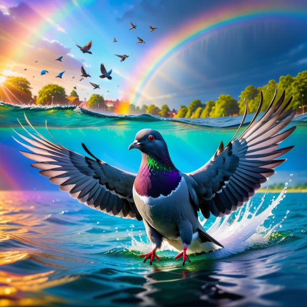 Pic d'une nage d'un pigeon sur l'arc-en-ciel