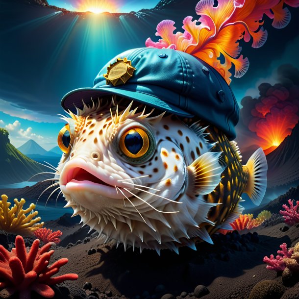 Illustration of a pufferfish in a cap in the volcano