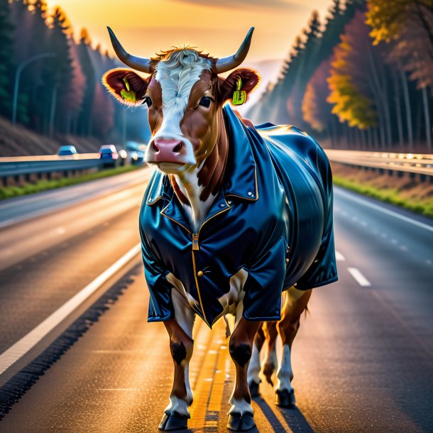 Foto de uma vaca em uma jaqueta na estrada