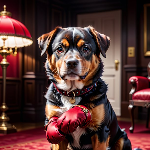 Foto de un perro en guantes rojos