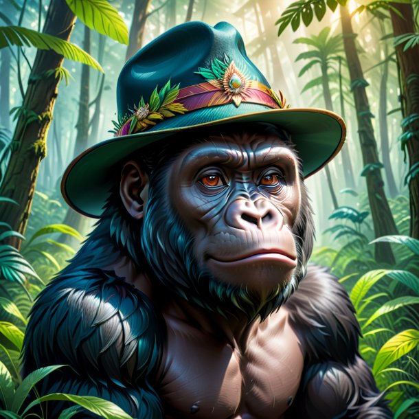 Drawing of a gorilla in a hat in the forest