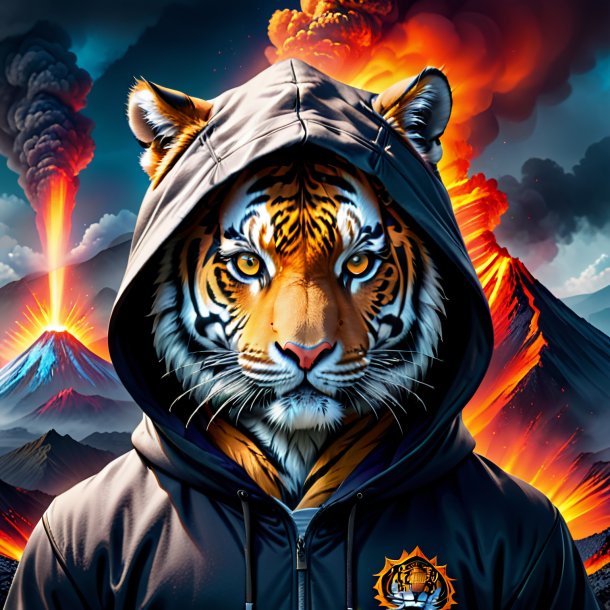 Uma foto de um tigre em um hoodie no vulcão