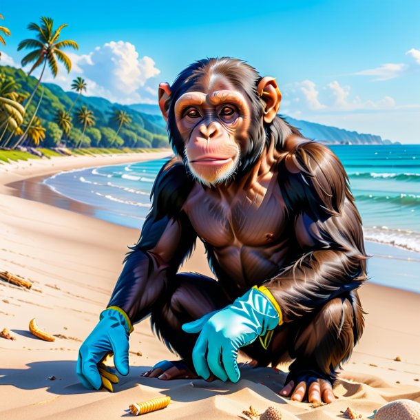 Drawing of a chimpanzee in a gloves on the beach