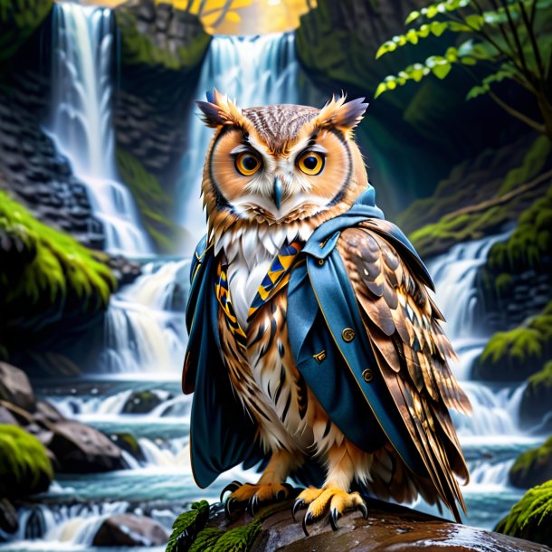 Pic of a owl in a coat in the waterfall