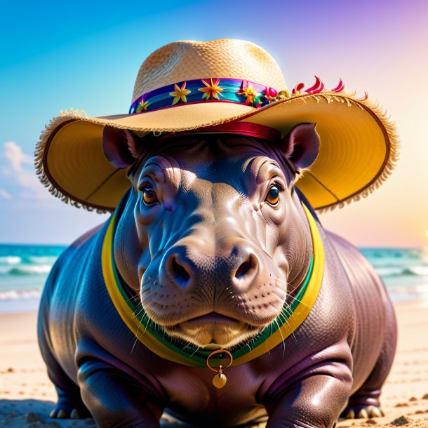 Photo of a hippopotamus in a hat on the beach