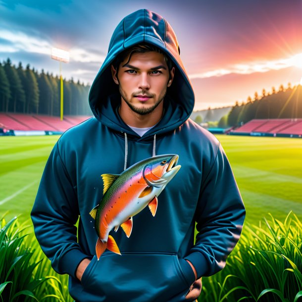 Photo of a salmon in a hoodie on the field