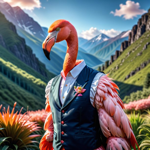 Photo of a flamingo in a vest in the mountains