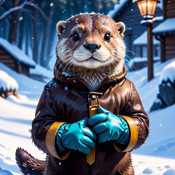 Ilustración de una nutria en guantes en la nieve