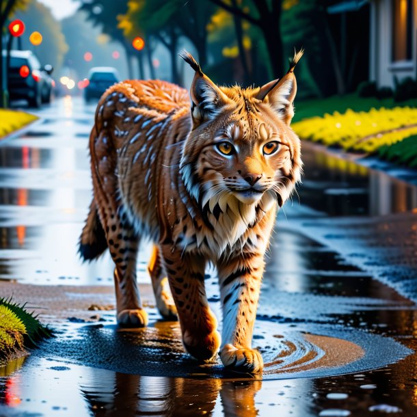 Picture of a lynx in a coat in the puddle