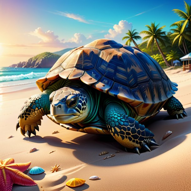 Illustration of a tortoise in a gloves on the beach