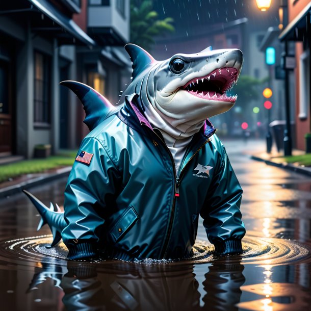 Picture of a hammerhead shark in a jacket in the puddle