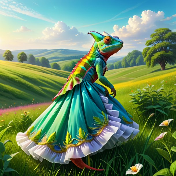 Drawing of a chameleon in a dress in the meadow