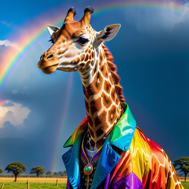 Foto de una jirafa en un abrigo sobre el arco iris