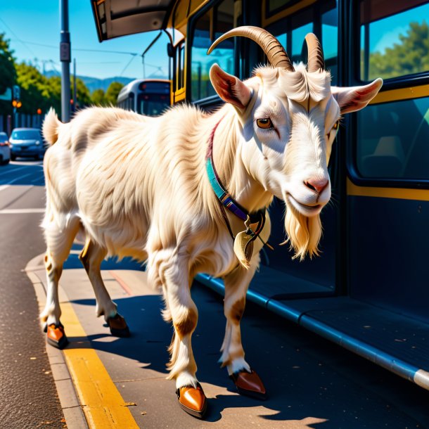 Foto de una cabra en un zapato en la parada de autobús