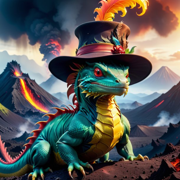 Photo of a basilisk in a hat in the volcano