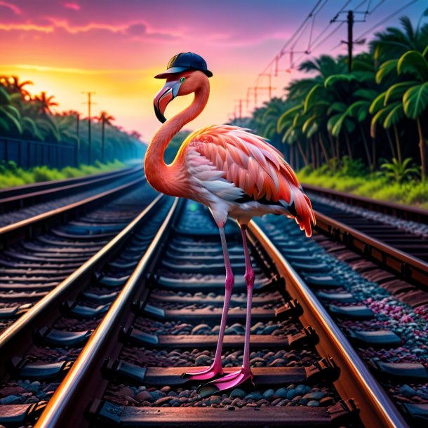 Pic of a flamingo in a cap on the railway tracks