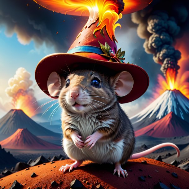 Photo of a mouse in a hat in the volcano