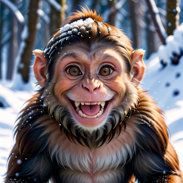 Photo of a smiling of a monkey in the snow