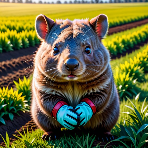 Foto de un wombat en guantes en el campo