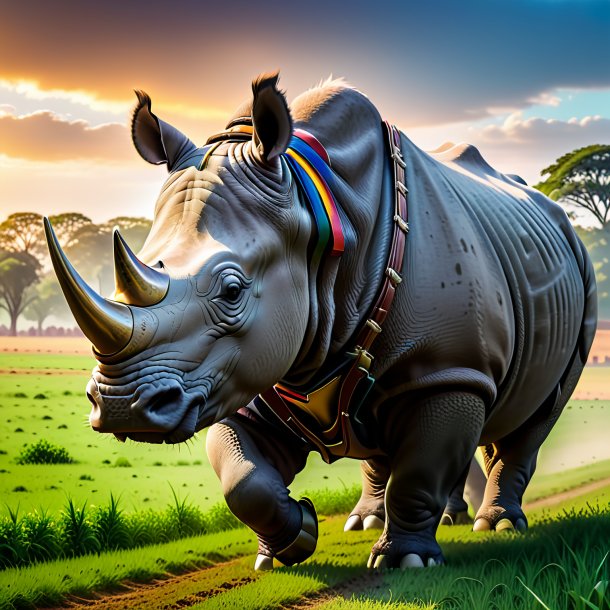 Photo of a rhinoceros in a belt on the field