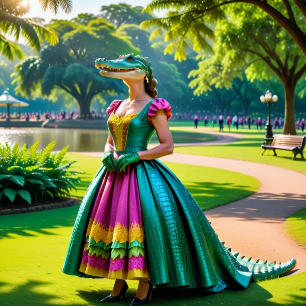 Photo of a crocodile in a dress in the park