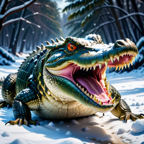 Uma foto de um crocodilo irritado na neve