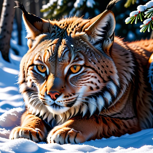 Photo of a sleeping of a lynx in the snow