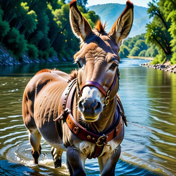 Photo of a donkey in a belt in the river