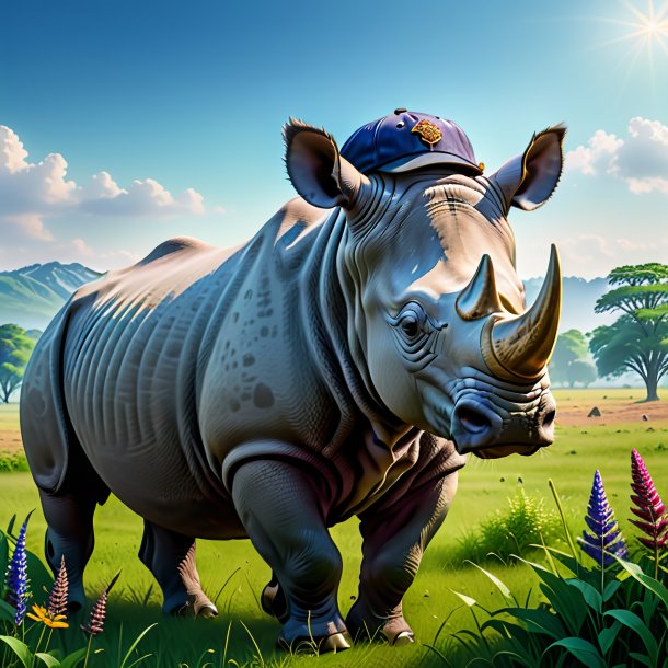 Image of a rhinoceros in a cap in the meadow