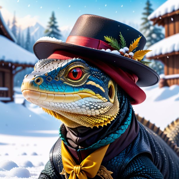 Image of a monitor lizard in a hat in the snow