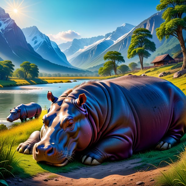 Picture of a sleeping of a hippopotamus in the mountains