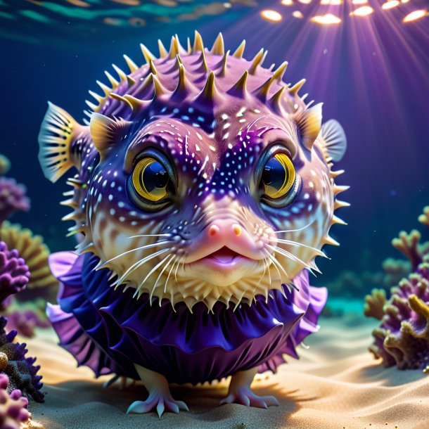 Picture of a pufferfish in a purple dress