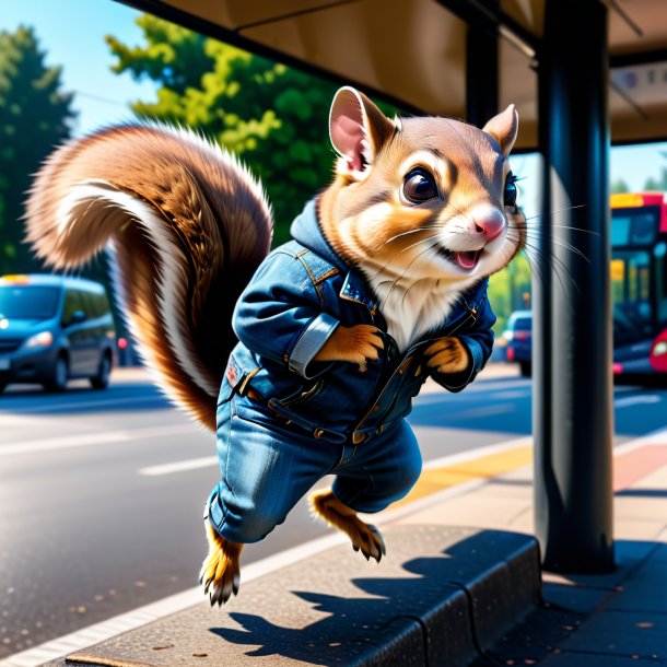 Picture of a flying squirrel in a jeans on the bus stop