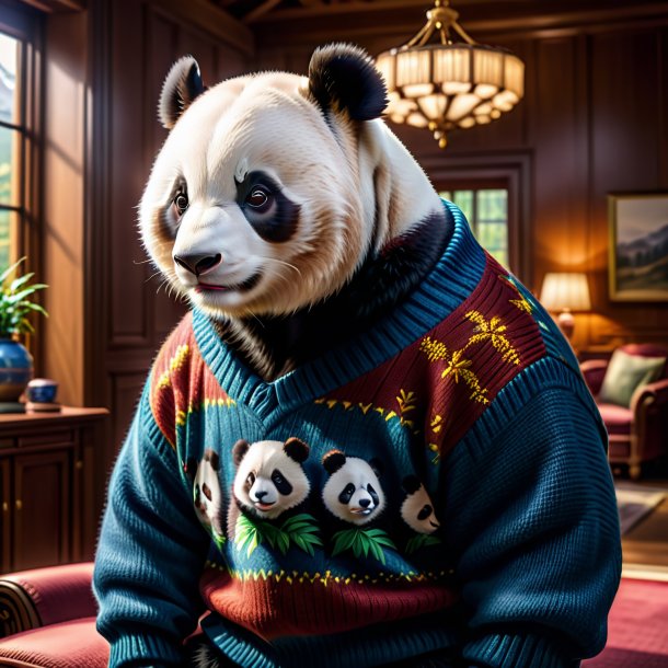 Pic of a giant panda in a sweater in the house