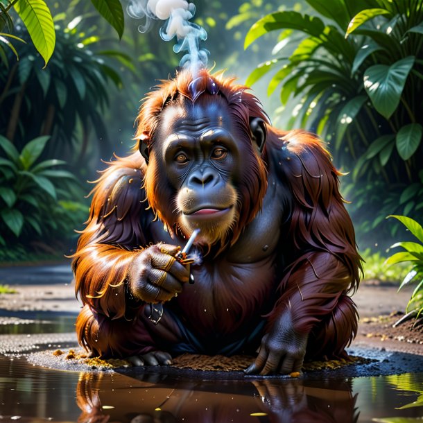 Picture of a smoking of a orangutan in the puddle