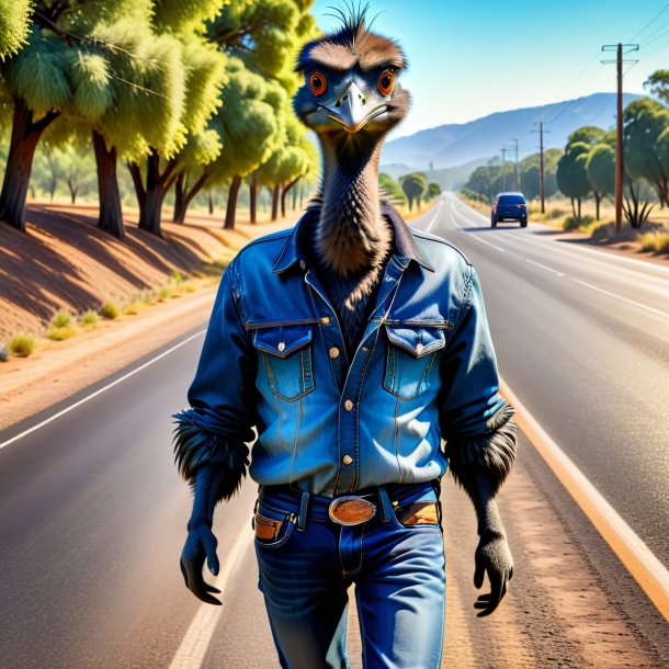 Image of a emu in a jeans on the road