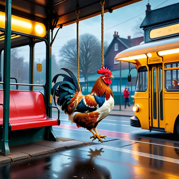 Image of a swinging on a swing of a hen on the bus stop