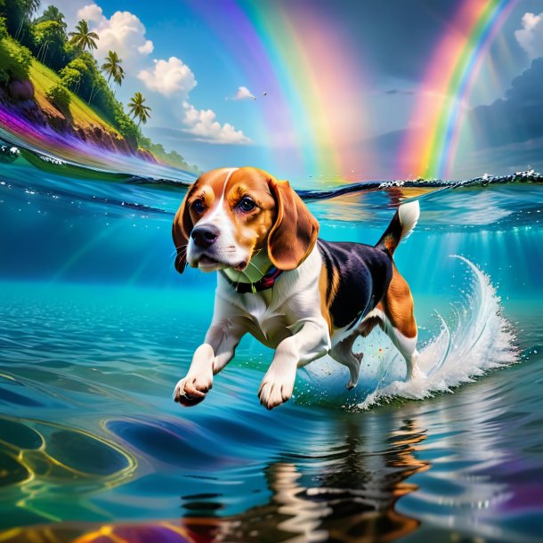 Pic of a swimming of a beagle on the rainbow