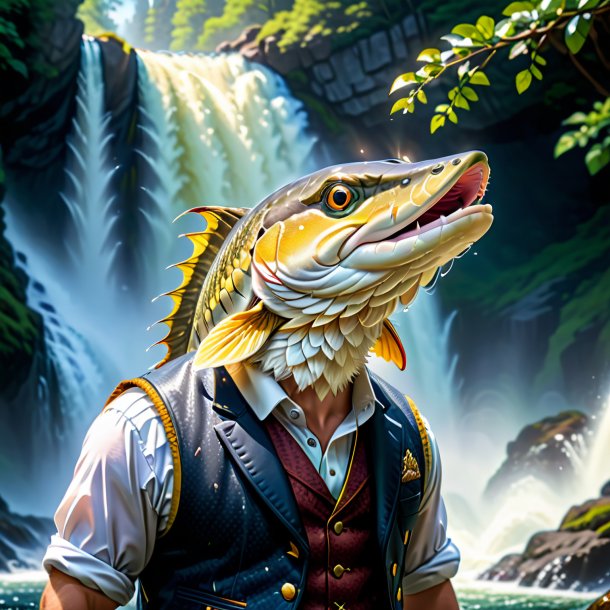 Pic of a pike in a vest in the waterfall