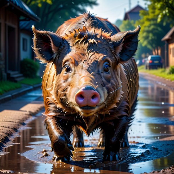 Photo of a smiling of a boar in the puddle