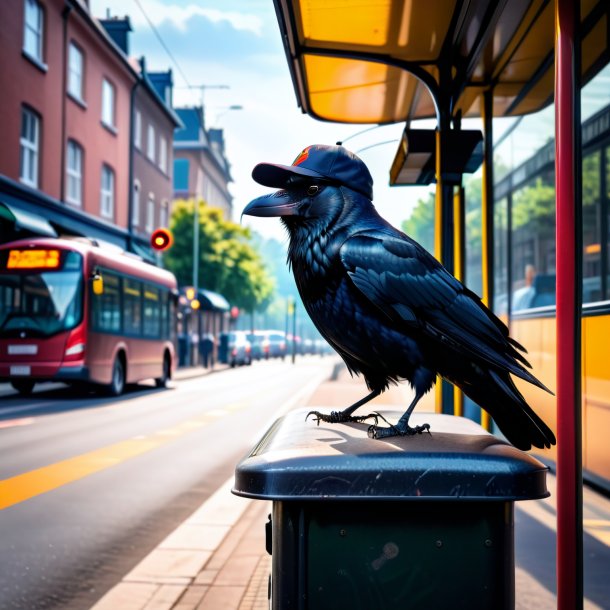 Foto de um corvo em um boné no ponto de ônibus