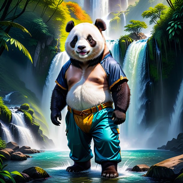 Photo of a giant panda in a trousers in the waterfall