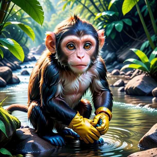 Photo of a monkey in a gloves in the river