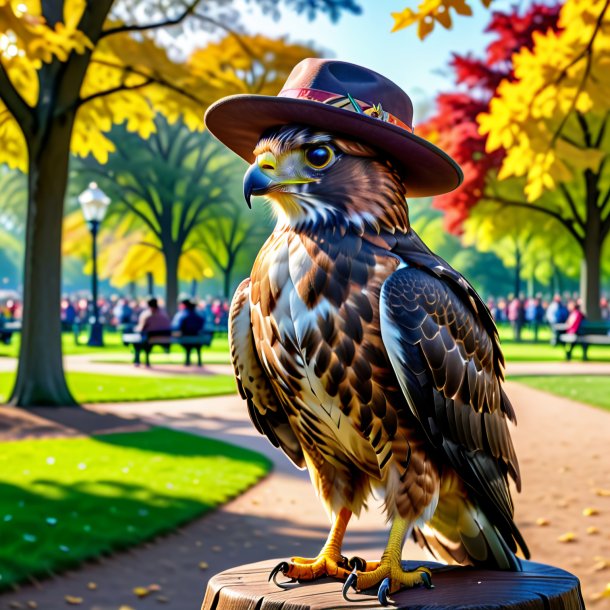 Imagem de um falcão em um chapéu no parque