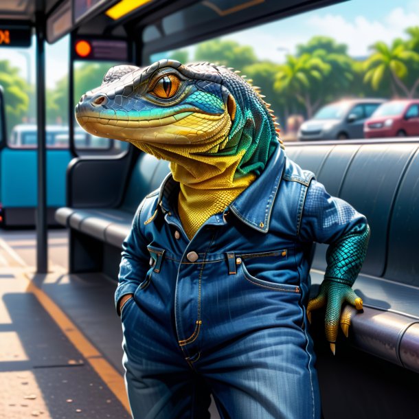 Desenho de um lagarto monitor em um jeans na parada de ônibus