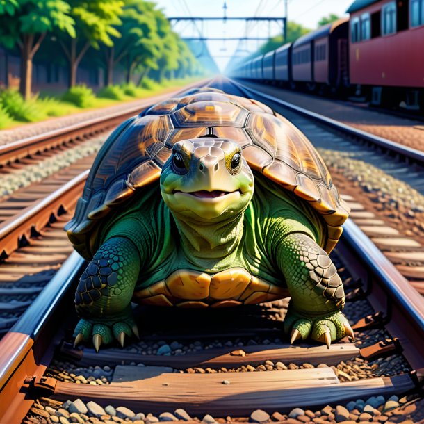 Drawing of a tortoise in a trousers on the railway tracks