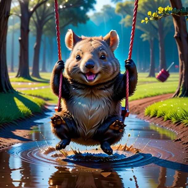 Pic of a swinging on a swing of a wombat in the puddle