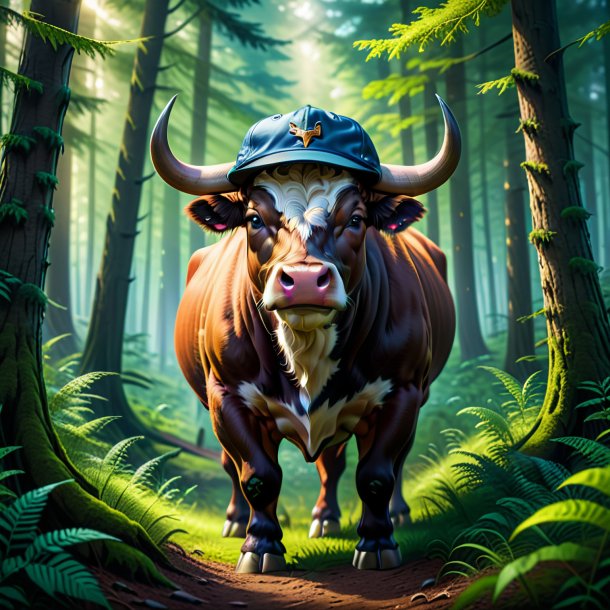 Illustration of a bull in a cap in the forest